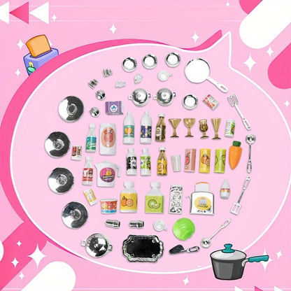Pink Kitchen Toy Set 64pcs with Lights & Sounds – Mini Furniture Doll Playset for Girls | Pretend Play Kitchen Accessories, Birthday & Christmas Gift for Toddlers & Kids Ages 3 4 5 6