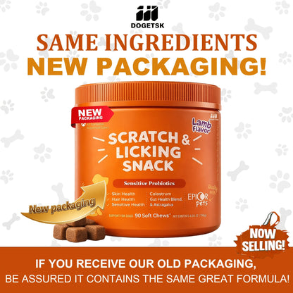 Dog Omega 3 Skin & Coat Chews 90ct – Lamb Flavor Soft Pellets with Probiotics for Itching, Scratching & Licking Relief, Fur Care Supplement for Dogs of All Ages & Breeds