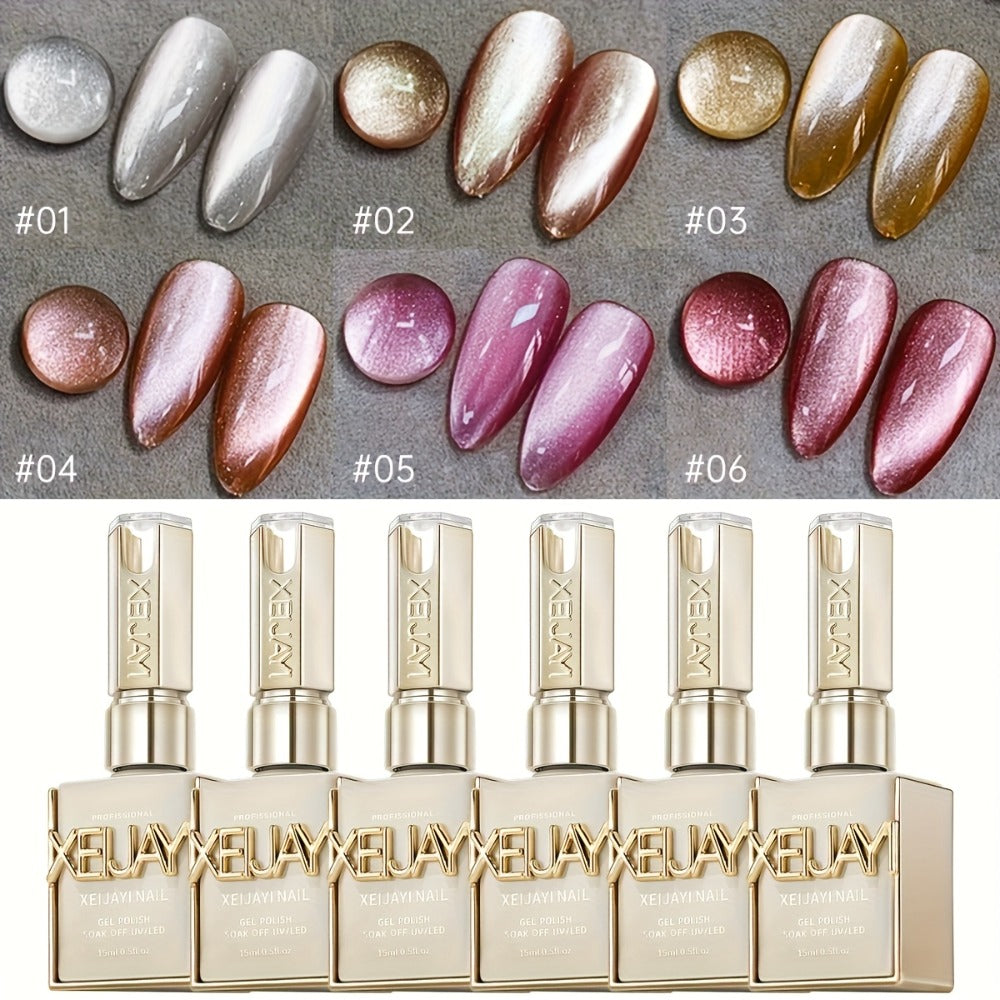 Magnetic Cat Eye Gel Polish Set 6 Colors Holographic Reflective Rock Candy Soak Off LED UV – Multidimensional Shimmer Nail Art Gel for Salon & DIY Manicure, Nail Art Gift for Women