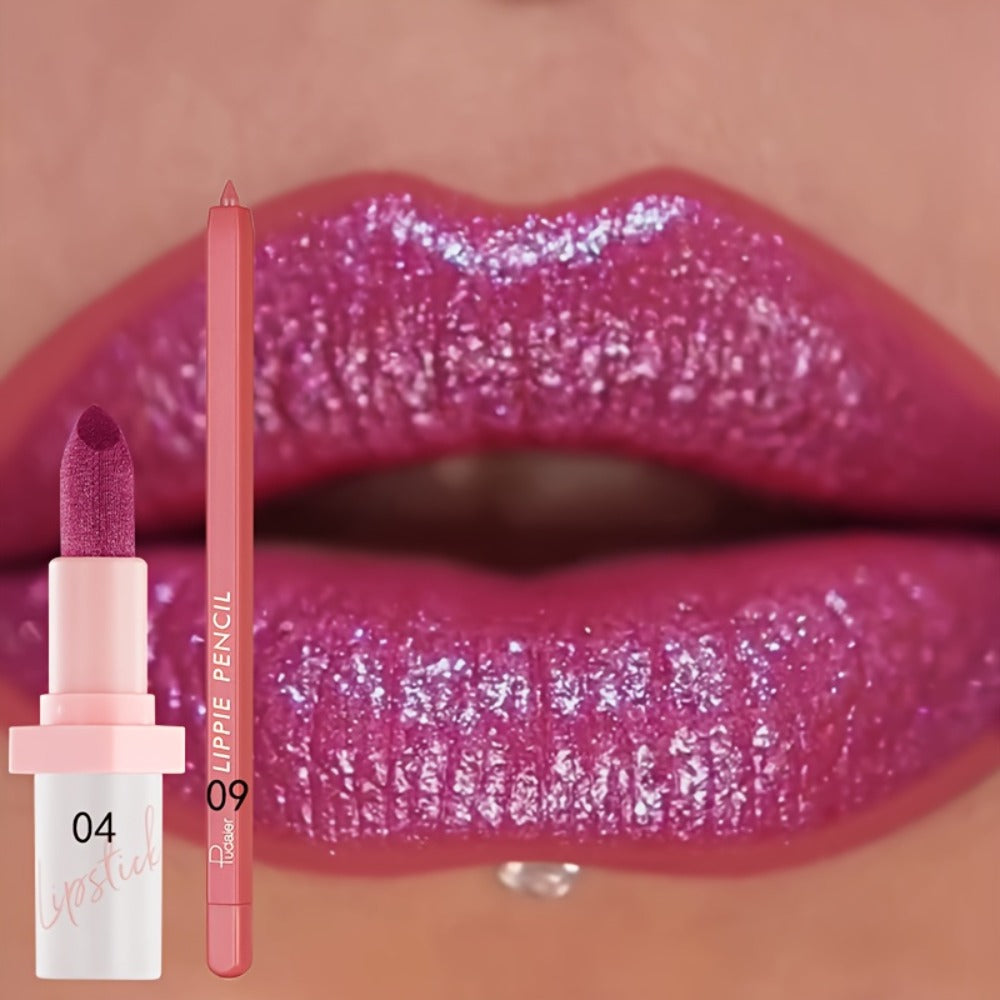 Glitter Lip Gloss & Lip Liner Set 2-Piece – Berry Shine Diamond Finish, Hydrating Squalane Formula, Long Lasting Glossy Sparkle Lip Kit for Women, 10 Color Combos Available