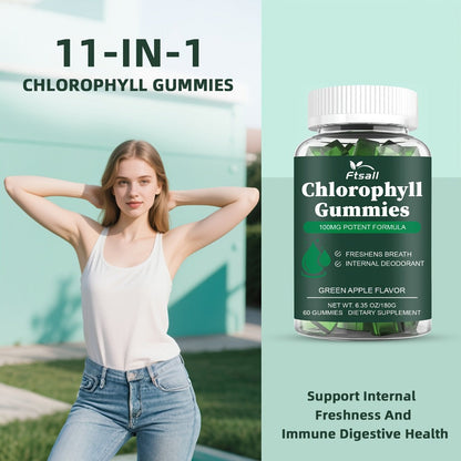 Chlorophyll Gummies 60 Count with Vitamin C D3 E B12 Zinc Irish Sea Moss Elderberry Echinacea & Apple Cider Vinegar — Fresh Breath Body Deodorising Supplement for Women & Men