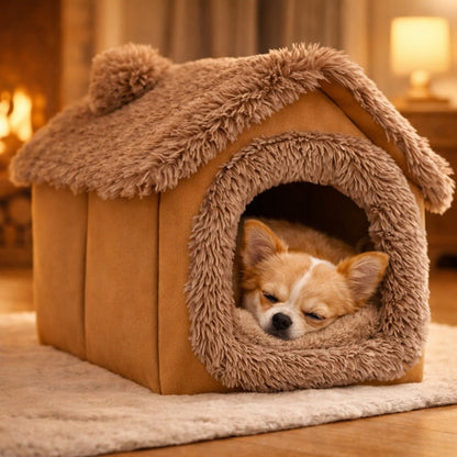 Indoor Dog House Warm Plush Semi-Enclosed – Cozy Cave Bed with Removable Pad & High-Resilience PP Filling | Non-Collapse Dog Kennel for Small Dogs, Available in Gray & Brown, Size L