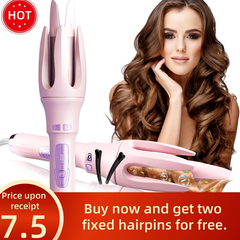 Automatic Curling Iron 32mm Essential Oil Coating – 4 Temperature Settings Anti-Scald Moisturizing Hair Curler with Hairpins & Comb for All Hair Types – Purple