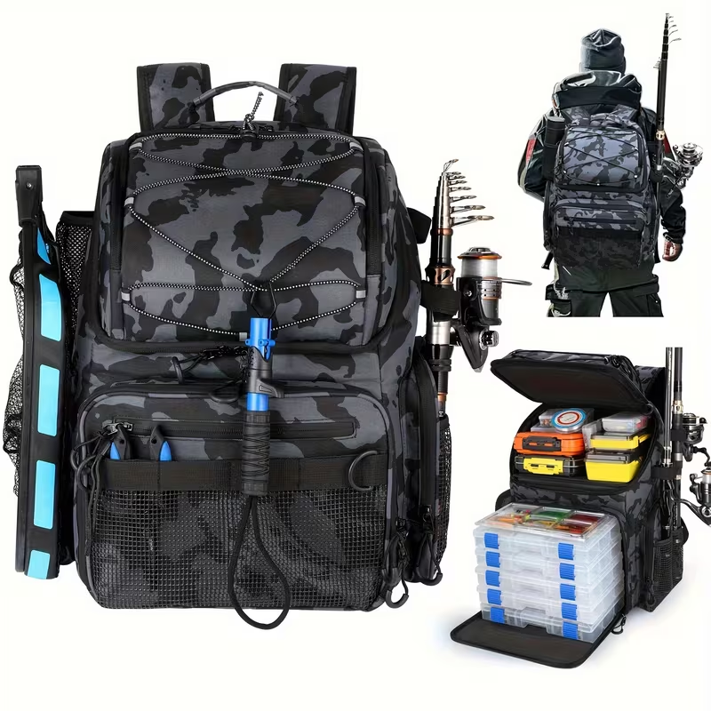 Waterproof Fishing Rod Backpack 42L – Built-In Rod Tube, 16 Pockets & Insulated Cooler Option | Black, Camo, Khaki, Gray