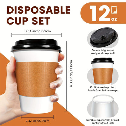 Disposable Paper Coffee Cups with Lids and Sleeves 12oz – Leak-Proof To-Go Hot Coffee Cups with Insulated Sleeve for Home, Office, Party & Coffee Bar | 50 or 100 Pack