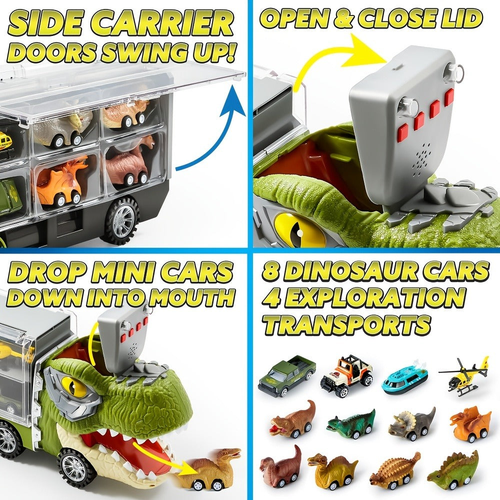Dinosaur Truck Toy Set 13 PCS – Transport Carrier Truck with Lights & Sounds + 8 Pull-Back Cars + 3 Die-Cast Dino Vehicles + Helicopter | Friction Powered Dinosaur Toy for Boys Ages 3+ | Best Birthday Christmas Gift