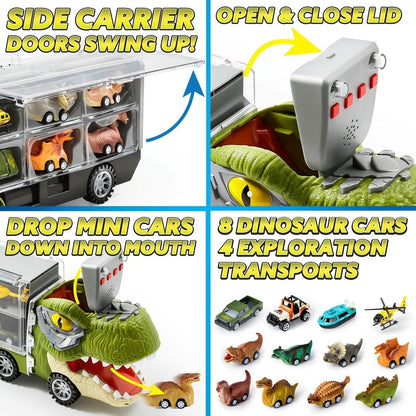 Dinosaur Truck Toy Set 13 PCS – Transport Carrier Truck with Lights & Sounds + 8 Pull-Back Cars + 3 Die-Cast Dino Vehicles + Helicopter | Friction Powered Dinosaur Toy for Boys Ages 3+ | Best Birthday Christmas Gift