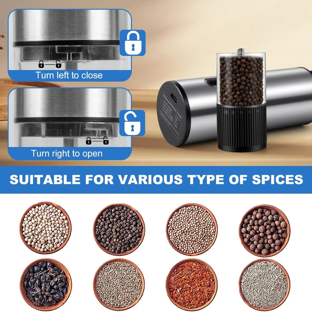Electric Pepper Grinder USB-C Rechargeable – 5-Level Adjustable Coarseness, One-Hand Operation, Stainless Steel Pepper Mill with Ceramic Core for Kitchen Cooking, Outdoor BBQ & Grilling