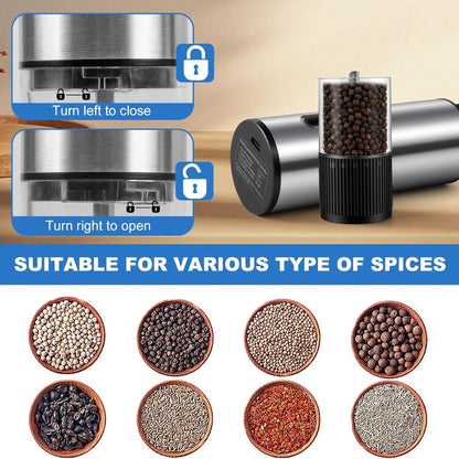 Electric Pepper Grinder USB-C Rechargeable – 5-Level Adjustable Coarseness, One-Hand Operation, Stainless Steel Pepper Mill with Ceramic Core for Kitchen Cooking, Outdoor BBQ & Grilling