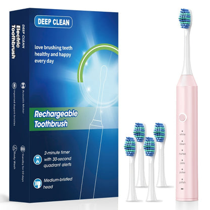 Rechargeable Toothbrush – 6 Cleaning Modes, 500mAh Lithium Battery, USB Charging, Soft Bristles, 4 or 8 Brush Heads, Black White Pink Electric Toothbrush for Adults Deep Clean & Whitening