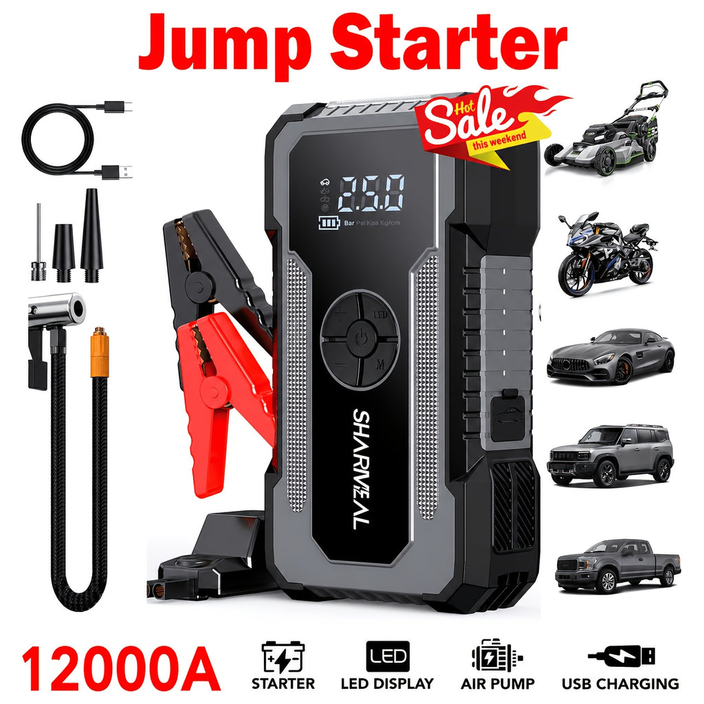 SHARMEAL12000/18000A 12-IN-1 Jump Starter with Air Compressor, Portable Car Battery Booster(8.0 Gas/2.38gal Diesel) with 150PSI Tire Inflator, 12V Supersafe Lithium Jump Box Car Battery Jumper Starte Car Owners, Truck Drivers