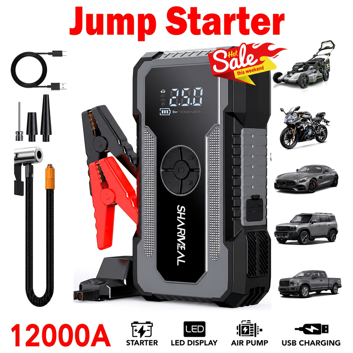 SHARMEAL12000/18000A 12-IN-1 Jump Starter with Air Compressor, Portable Car Battery Booster(8.0 Gas/2.38gal Diesel) with 150PSI Tire Inflator, 12V Supersafe Lithium Jump Box Car Battery Jumper Starte Car Owners, Truck Drivers