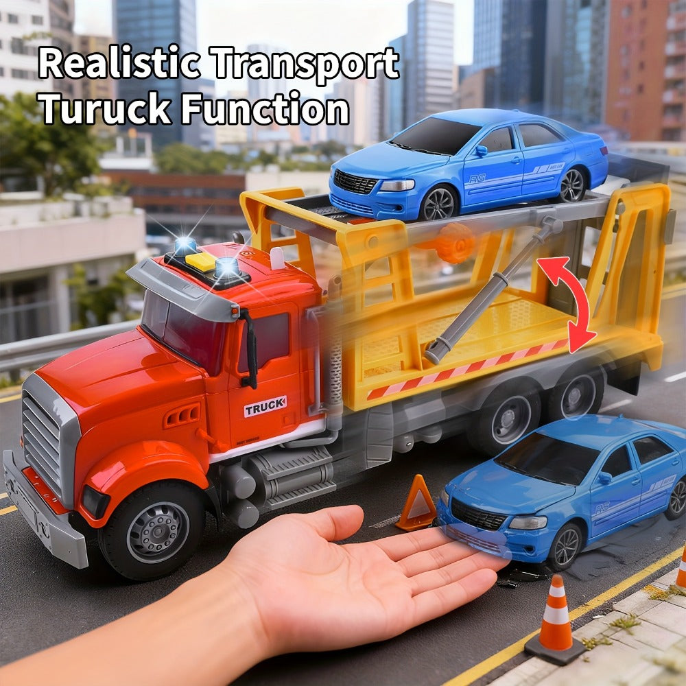 13-Inch Tow Truck Toy with Lights & Sounds – Friction Powered Transport Crane Truck for Boys Ages 3 4 5 6, Movable Arm & Towing Ramp, Birthday Christmas Gift