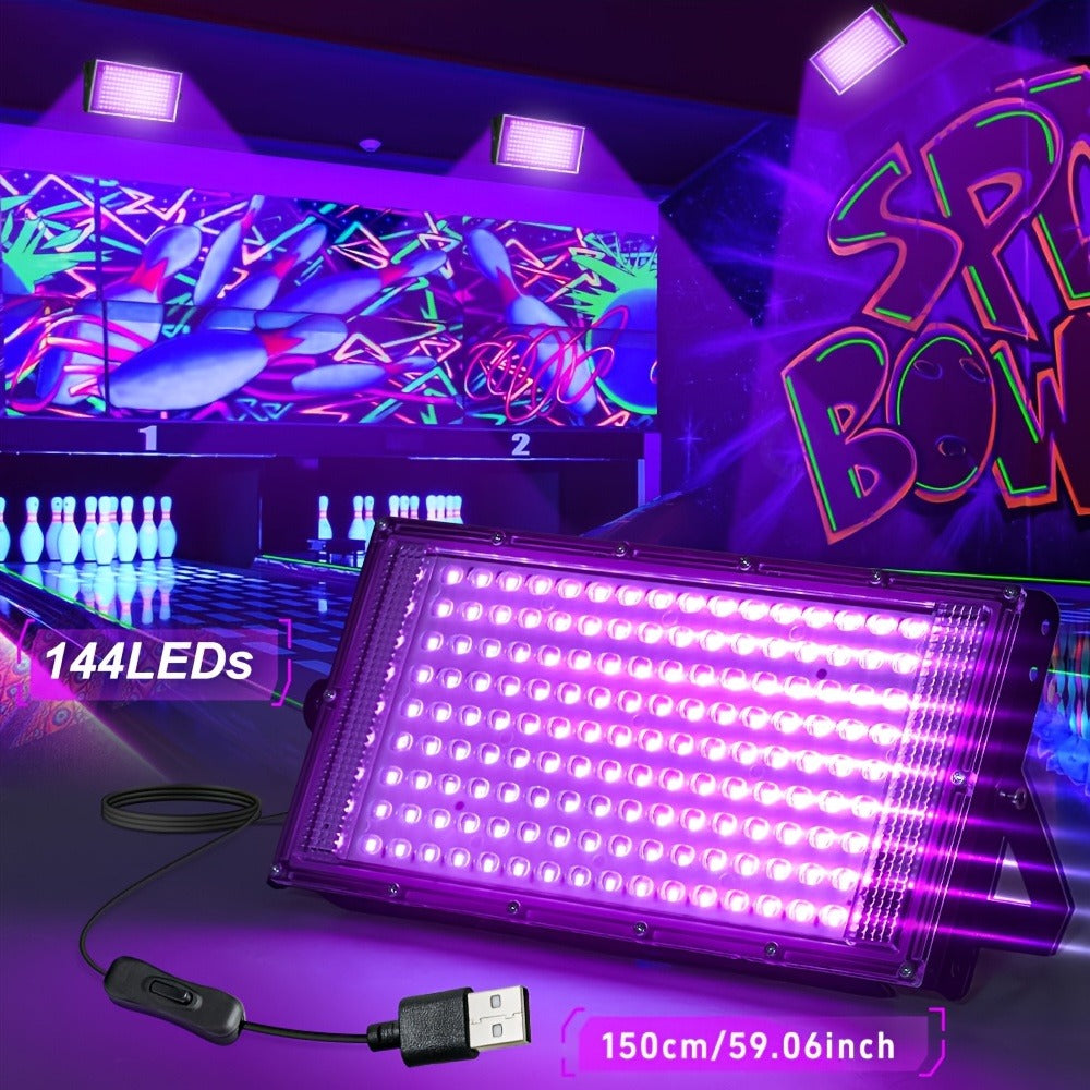 UV Black Light Flood Light 144 LED 385-400nm with USB Plug & Switch – Glow in the Dark Effect for Halloween Party Stage Lighting Body Paint Neon Poster Blacklight, Durable Plastic, 4 Pack