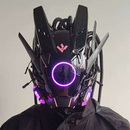 LED Punk Mask with Tubular Braids & Helmet – Futuristic Sci-Fi Mechanical Cosplay Mask for Halloween, Rave Music Festival & Party, Blue Green Pink, Handmade TPU PC Unisex Adult Costume Prop