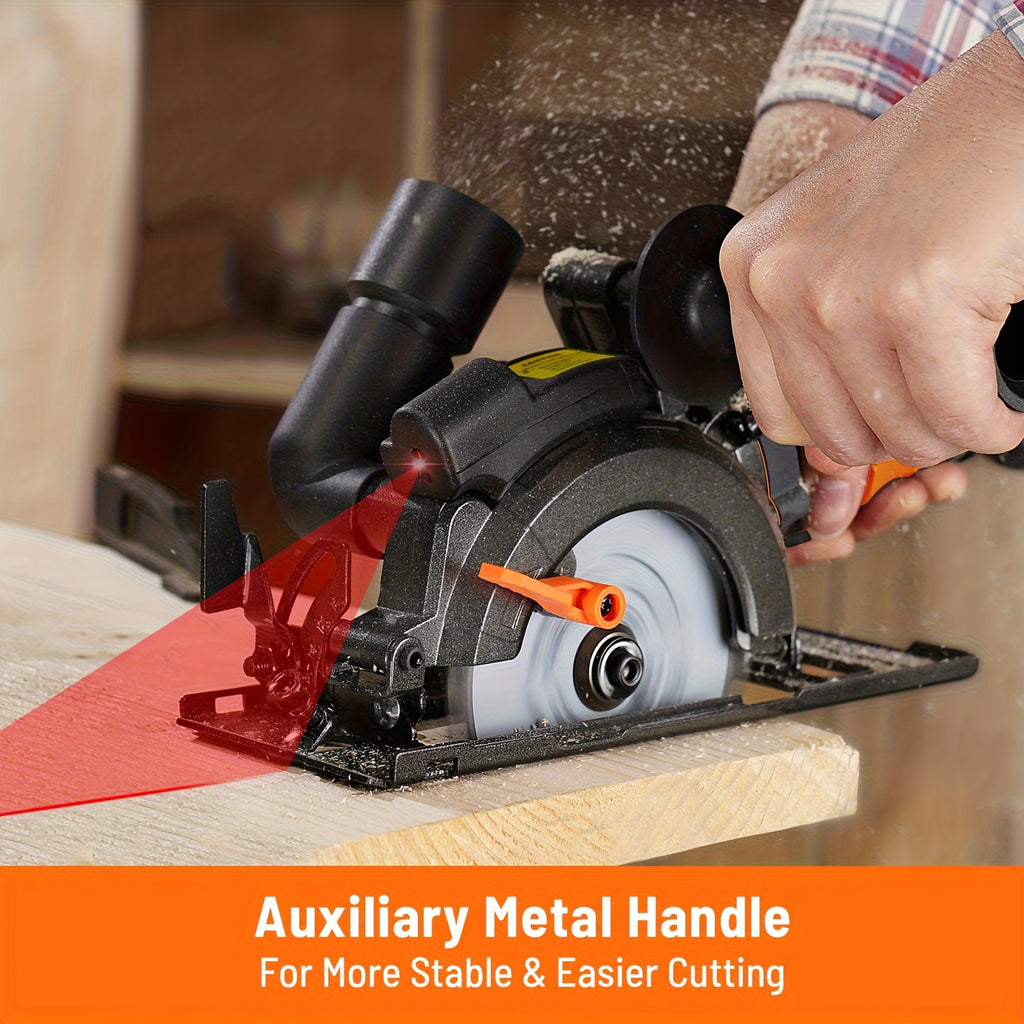 4.5 Inch Mini Compact Circular Saw with Laser Guide, Dual Metal Side Handle Stable Control, 5.2A 7000RPM Power Saw, 43mm Max Cutting Depth, 6 Extra Saw Blades Included, Cuts Wood, Plastic, Soft Metal, Tile. Perfect DIY Power Tool Gift