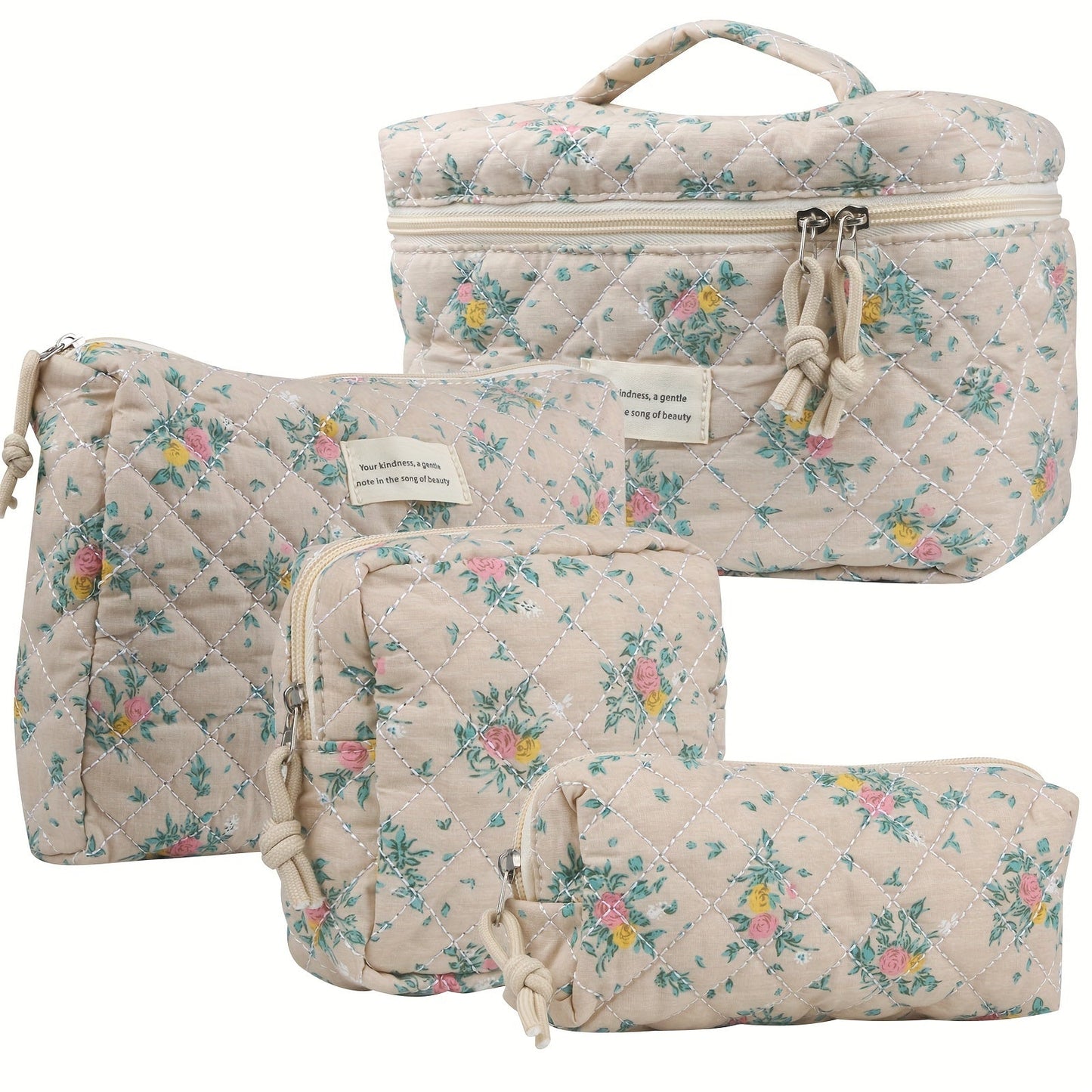 Quilted Makeup Bag Set 4-Piece Floral Rose Coquette Aesthetic Premium Cotton Cosmetic Organizer Travel Toiletry Pouch 4 Sizes for Women Girls Vanity Bathroom Gift