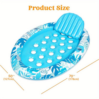 Oval Inflatable Pool Float Lounger for Adults – Tanning Raft with Removable Head & Back Support, Water Flow Vents & 2 Cup Holders | Sunbathing Lounge Float for Pool Lake Beach, Blue