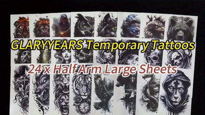 Half Sleeve Temporary Tattoos 24 Pack Realistic 3D Waterproof Lion Eagle Skull Greek God Gothic Forearm Body Stickers Long Lasting for Men Women Adults Halloween Festival