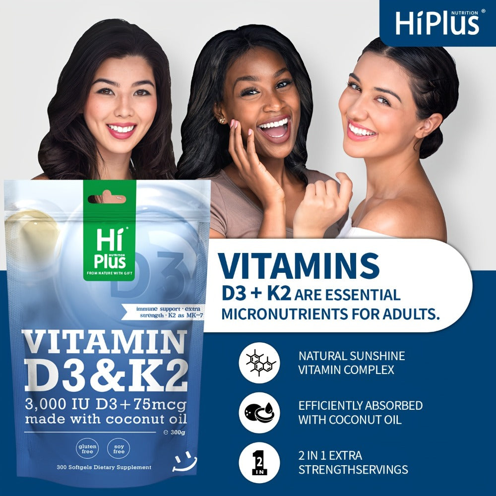 Vitamin D3 K2 MK-7 Supplement 300 Softgels — 3000 IU D3 + 75mcg K2 with Virgin Coconut Oil for Calcium Absorption Bone Density Immune & Heart Health Double Strength One-a-Day