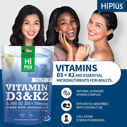 Vitamin D3 K2 MK-7 Supplement 300 Softgels — 3000 IU D3 + 75mcg K2 with Virgin Coconut Oil for Calcium Absorption Bone Density Immune & Heart Health Double Strength One-a-Day