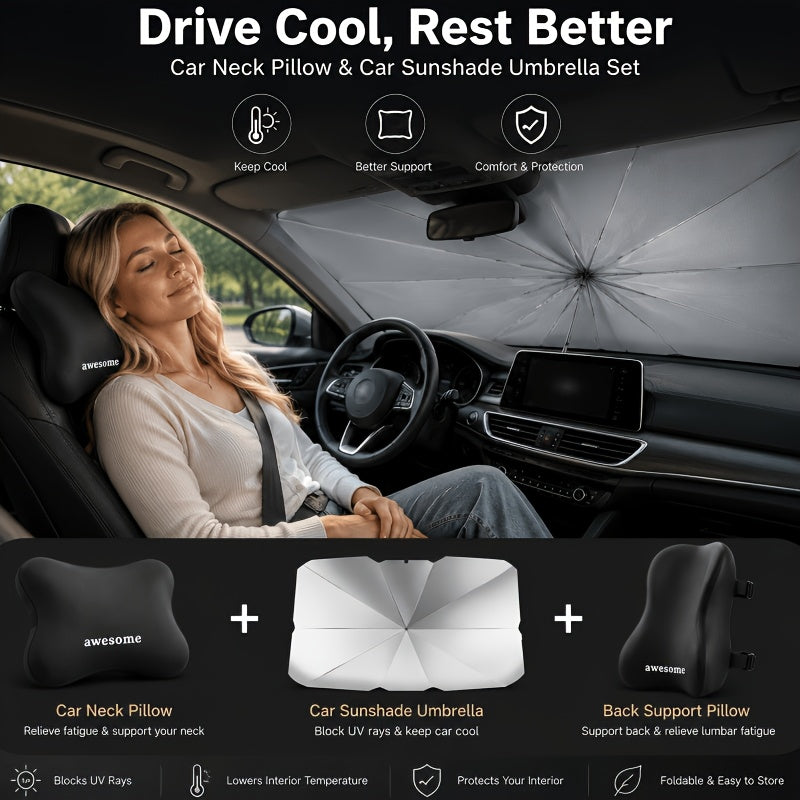 Premium Comfort Car Accessories, All-in-One Car Comfort Kit: Windshield Sun Shade + Memory Foam Neck Pillow & Lumbar CushionThis 2pcs Memory Foam Car Headrest And Lumbar Support Set Cools Down Your Car Interior, Eases Neck Tension And Delivers