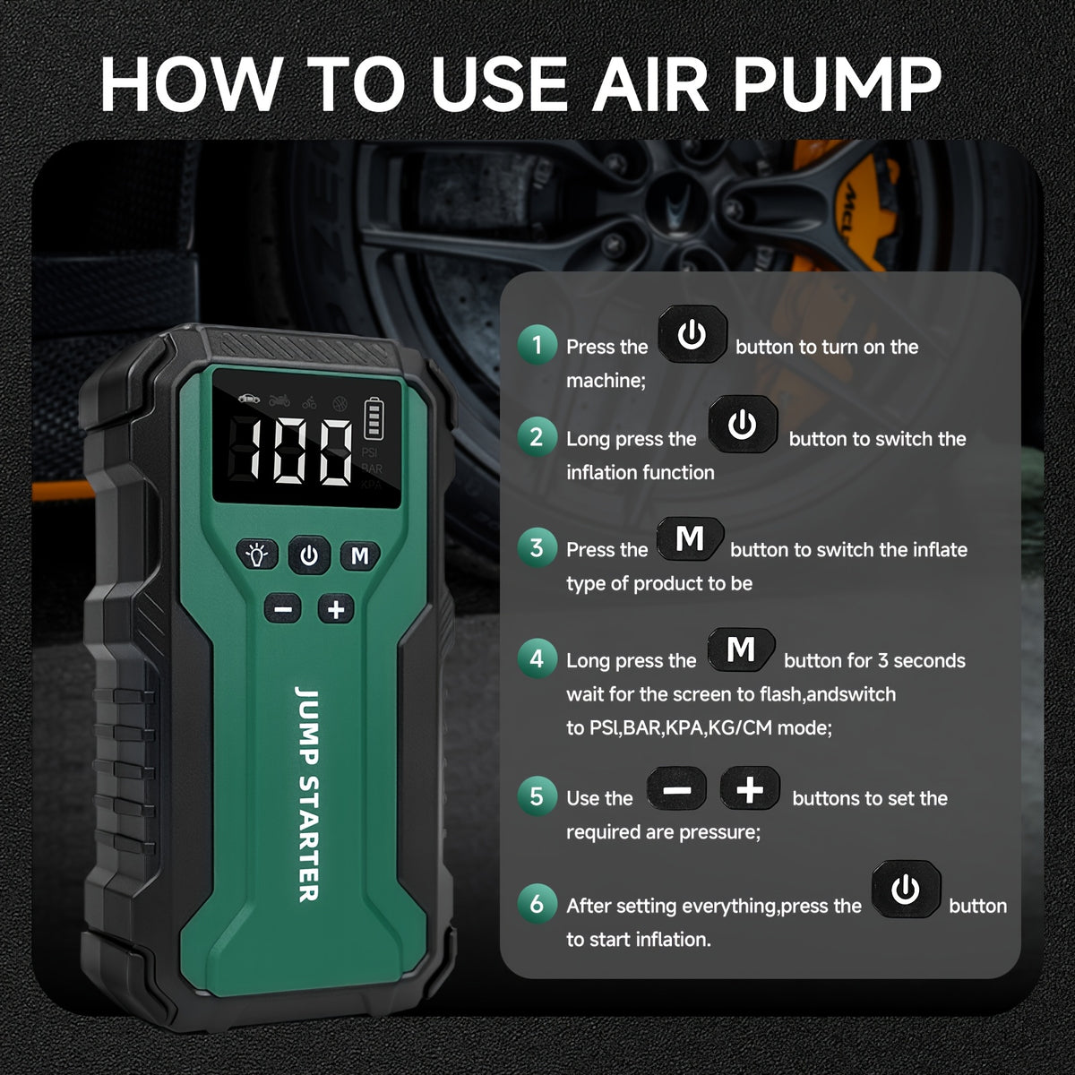 10000A 7-in-1 Multi-functional Emergency Start Power Supply with Air Pump, 150PSL Portable Car Battery Starter, Digital Tire Inflator, Suitable for 2.64 Gallon Gasoline Or 2.38 Gallon Diesel Battery, LED Emergency Light, Car Emergency Tool.