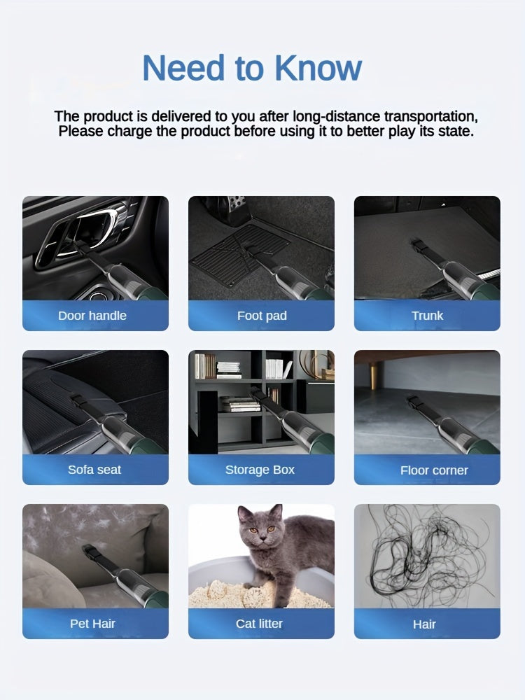 A Three In One Wireless Vacuum Cleaner with A High Power, Which Can Be Used for Suction, Air Extraction, And Blowing, Both In The Car And At Home. It Has An Extended Battery Life, Can Absorb Dust, Debris, Pet Hair, Air Extraction, And Dust Blowing