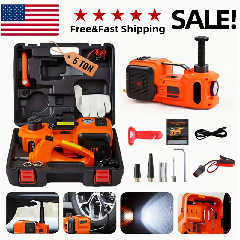 5 Ton Electric Hydraulic Car Jack Kit | 12V DC, 3-in-1 with Tire Inflator Pump, LED Flashlight, and Electric Impact Wrench, Alloy Steel, Ideal for Car, SUV, MPV, Truck Tire Change and Emergency Repair