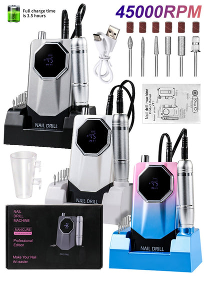 Electric Nail Drill Kit 45000 RPM LCD Display USB Rechargeable Portable E-File Acrylic Gel Removal Polishing Forward Reverse Low Noise Home Salon Manicure Pedicure Gradient Grey White