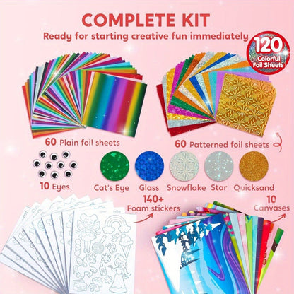 Foil Art Kit for Girls 10 Canvases 120 Colorful Foil Sheets 140+ Foam Stickers – Mess-Free Glue-Free Unicorn Princess Fairy Craft, Birthday Gift for Kids Ages 4 5 6 7 8