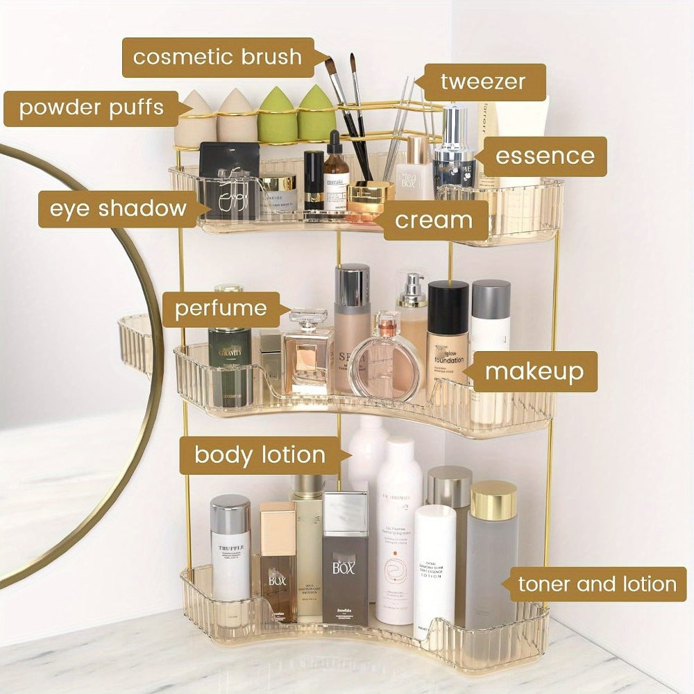 Bathroom Corner Shelf Organizer 2-in-1 Tiered Makeup Skincare Storage with Brush Holder No-Tool Install Space-Saving Countertop Vanity Dresser Kitchen Organizer Women