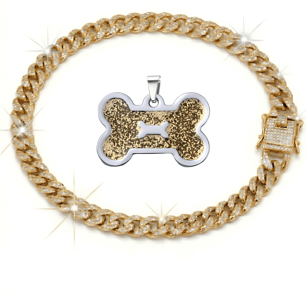 Pet ID Tag & Cuban Link Collar Set – 2pcs Engravable Bone-Shaped Tag with Rhinestone Collar for Dogs & Cats S to 4XL