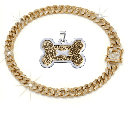 Pet ID Tag & Cuban Link Collar Set – 2pcs Engravable Bone-Shaped Tag with Rhinestone Collar for Dogs & Cats S to 4XL