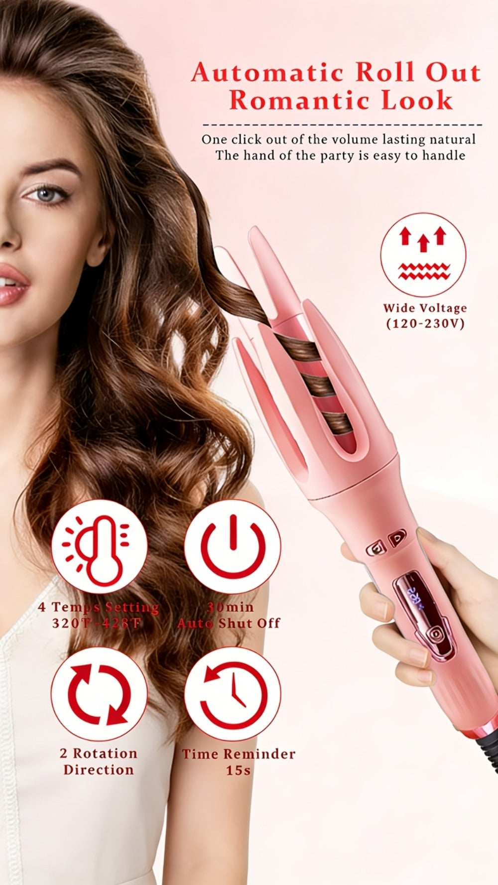 Automatic Rotating Curling Iron 4 Temperature Settings 40M Negative Ion Ceramic Barrel Anti-Tangle Auto Shut-Off Dual Voltage 110-240V Fast Heat 30s Beginner-Friendly Frizz-Free Curls All Hair Types Women