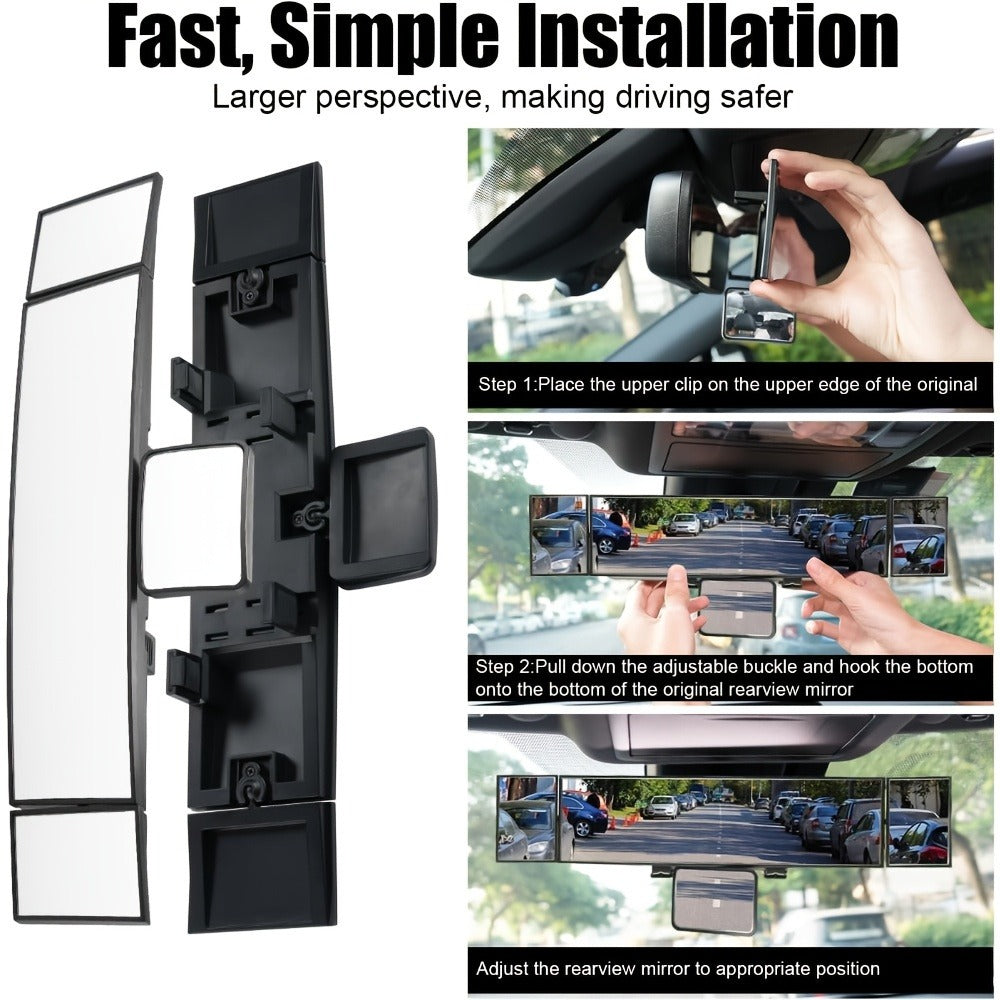 Interior Rearview Mirror 13 Inch – Quadruple-Fold Adjustable Wide Angle Car Mirror with 360° Swivel, Flat Lens, Enhanced Visibility for Safe Driving