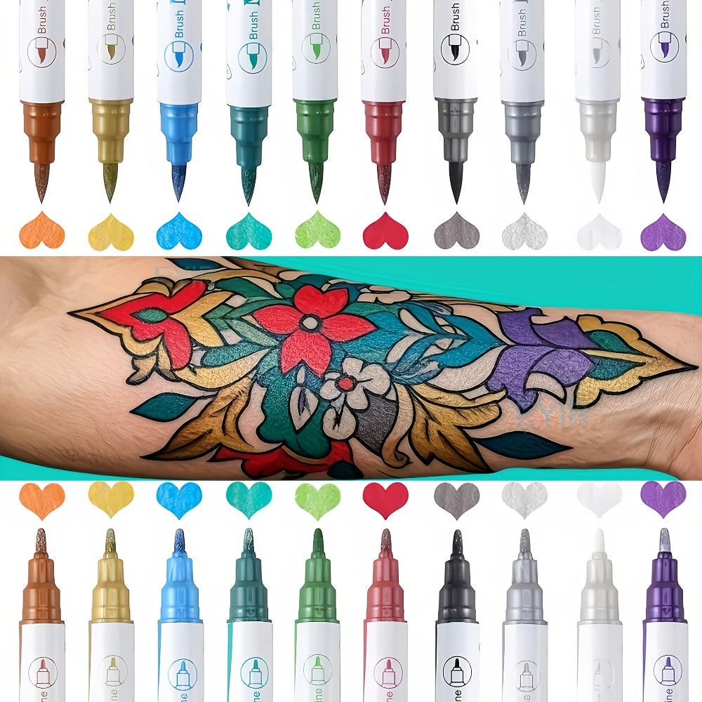 Double-Ended Tattoo Pen Set 10 Pcs with 114 Templates & Butterfly Stickers — Waterproof Sweat-Resistant DIY Temporary Body Art Kit for Parties, Festivals, Halloween & Gifts
