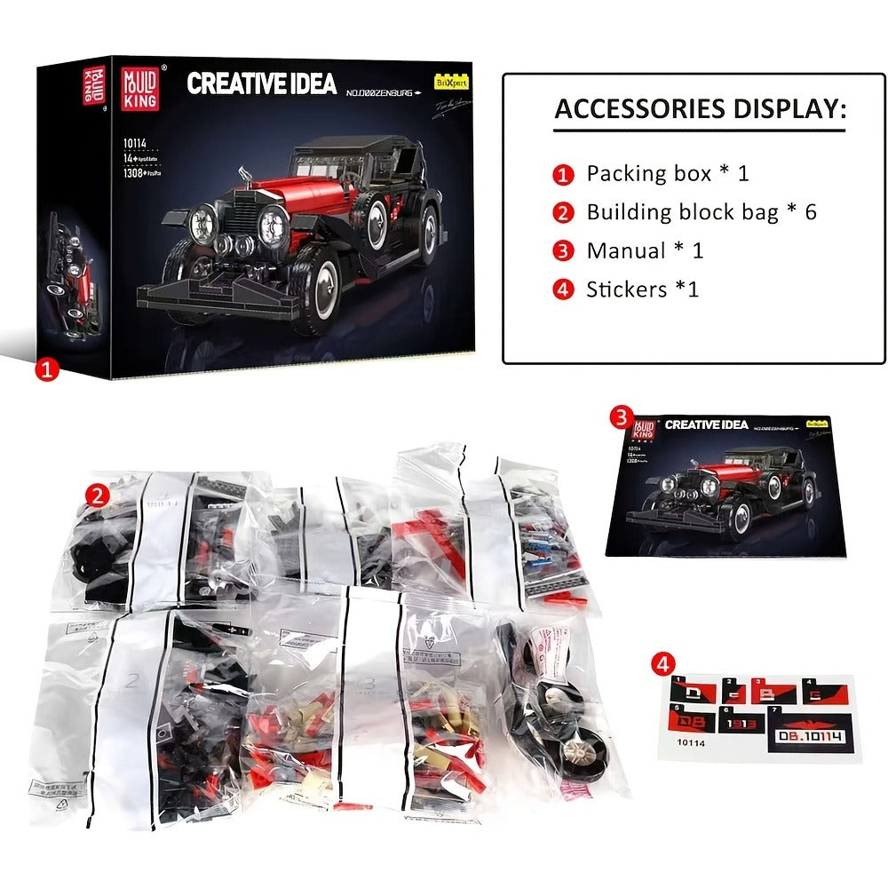 Mould King 10114 Vintage Classic Car Building Blocks Set 1308 Pcs – MOC Retro Car Collectible Display Model for Adults Teens Car Enthusiasts Birthday Christmas Father's Day Gift