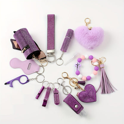 Rhinestone Keychain Set for Women 13-Piece – Safety Gadgets with Window Breaker Whistle Hand Sanitizer Holder Perfume Bottle Beaded Bracelet PU Tassel, Holiday Birthday Gift Box