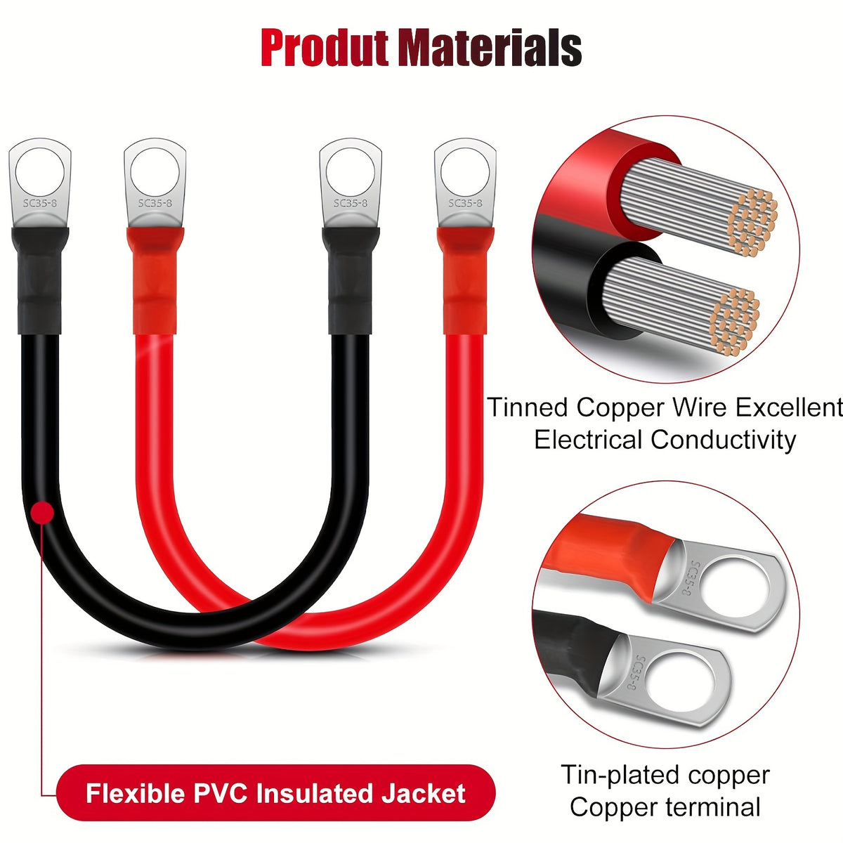 2pcs Battery Cable, 15cm/6inch 2AWG Gauge Copper Battery Power Inverter Leads, with 5/16" Lugs Ring Terminals, Ideal for Automotive, Truck, RV, Yacht, Solar, Emergency Backup, Farm, Ranch