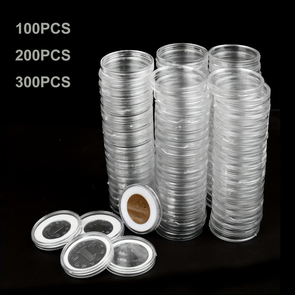 Clear Coin Capsules 300PCS with Adjustable EVA Foam Gaskets – Plastic Round Coin Holders for Collectors, Dollar Coin Protectors, Storage Box Included