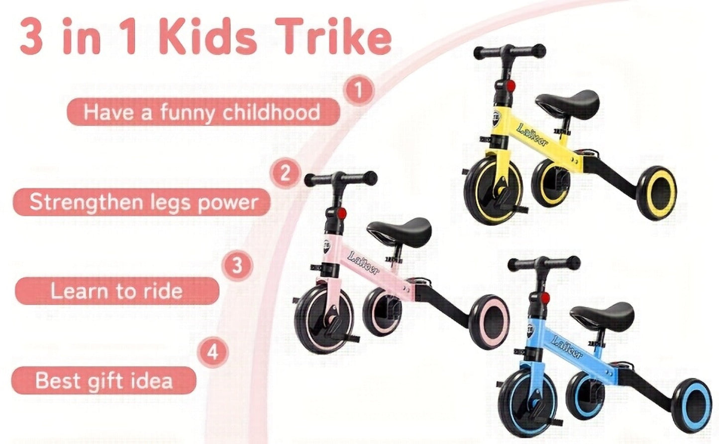 3-in-1 Toddler Balance Bike Convertible Tricycle for Kids Ages 2-5 Adjustable Foldable Rear Wheels Removable Pedals Trike Balance Bike Combo Birthday Gift Boys Girls