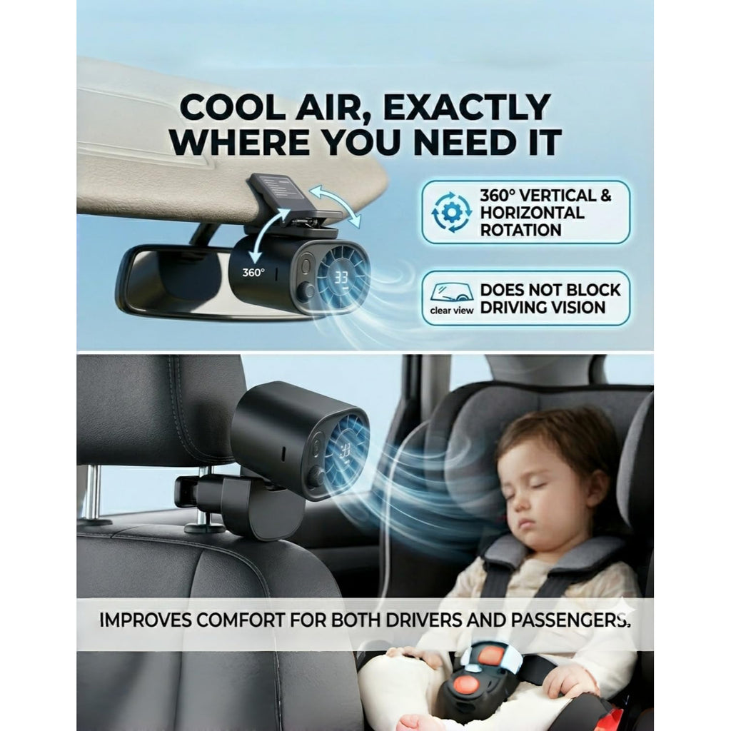 Car Clip-on Air Conditioning Fan, Cooler Compatible, 16 ° C Semi-Cooling, 5-Speed Adjustable USB Charging Fan, 360 ° Rotating Compact Car Fan for Dashboard (White)