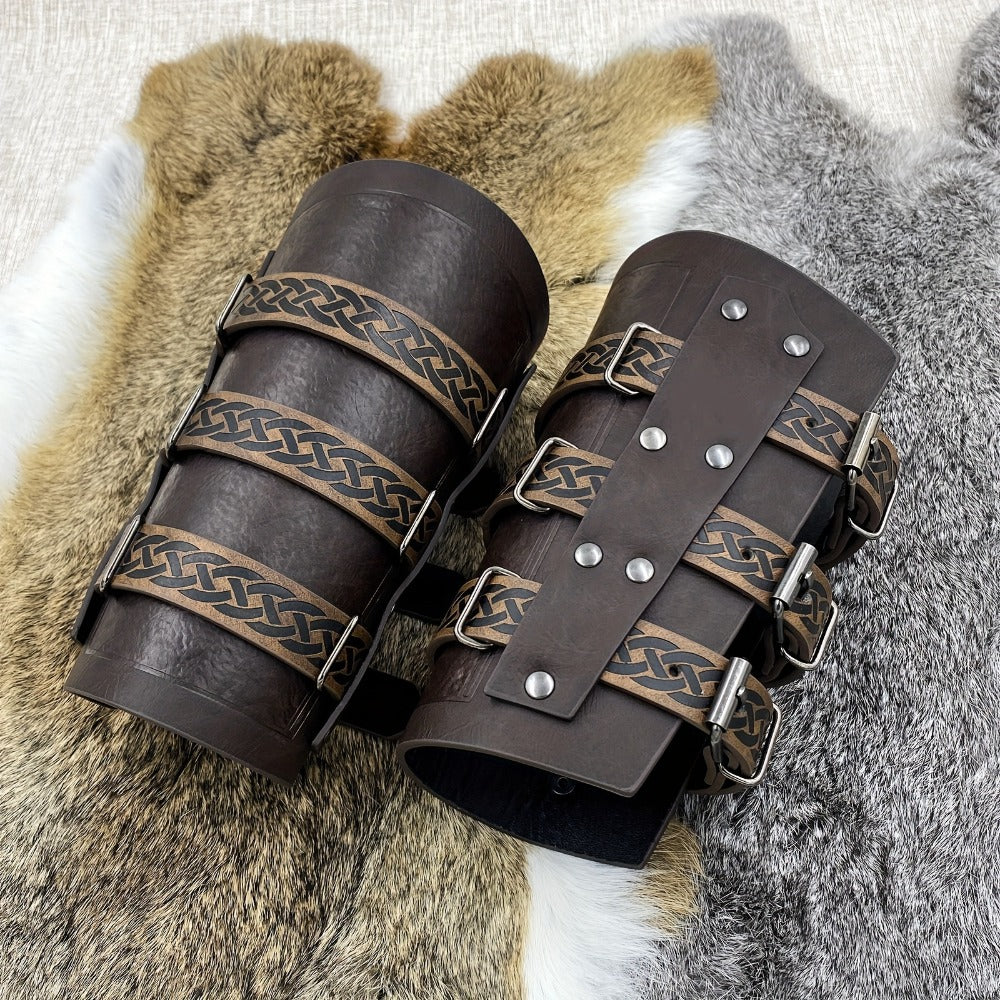 Medieval Faux Leather Bracers Viking Arm Guards – Embossed Renaissance LARP Cosplay Costume Accessory for Halloween, Stage Performance & Photography, Brown & Black, 1pc or 2pcs
