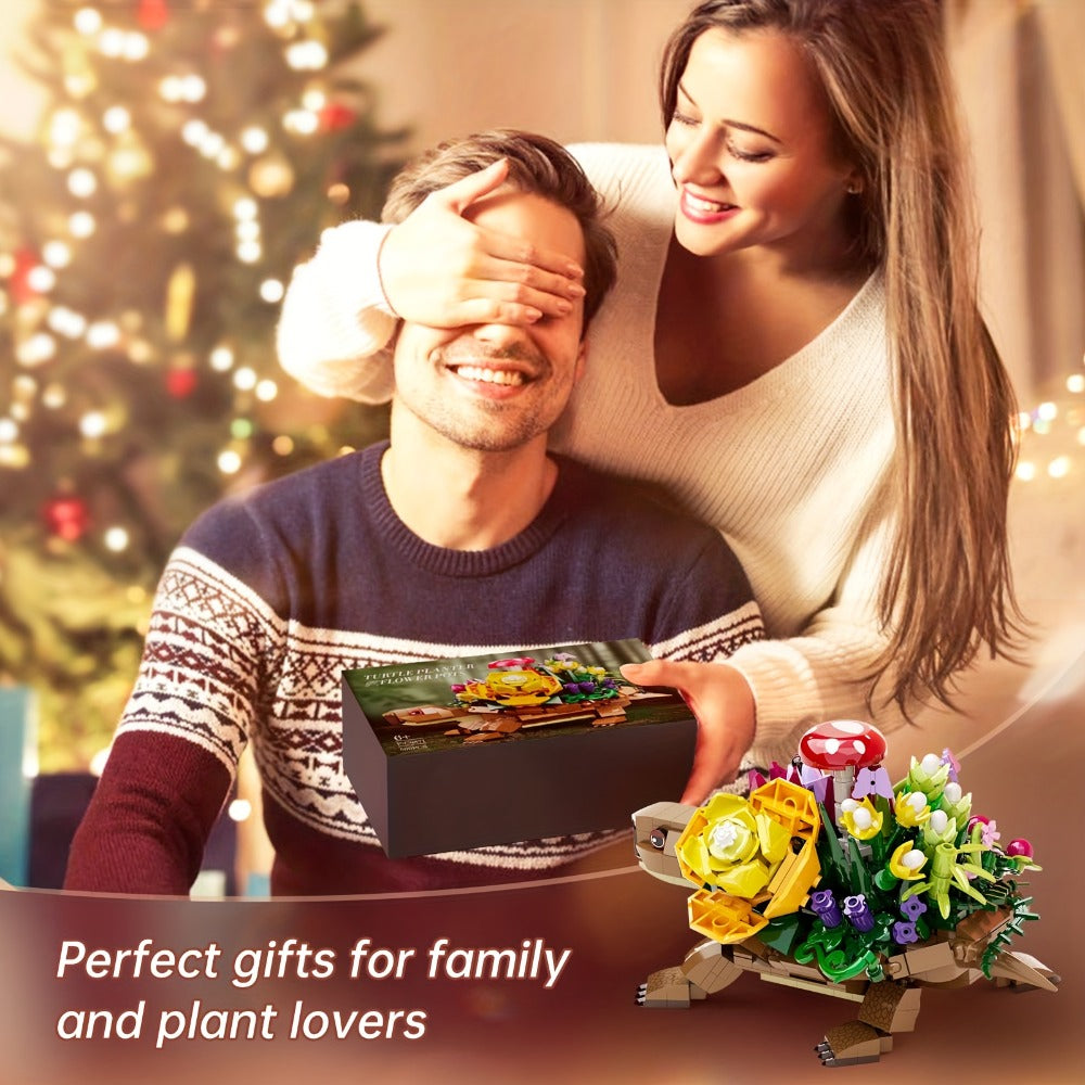 Turtle Flower Planter Building Block Set 510 Pieces – Cute Turtle Brick Puzzle Decor Toy, Unique Handmade Display Gift for Kids Teens Adults Birthday Valentine Christmas Halloween (Turtle Flower)