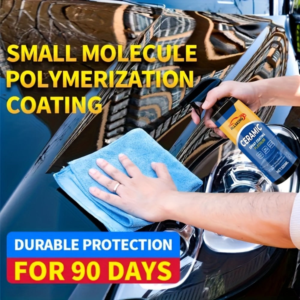 Ceramic Coating Spray for Cars - 3-in-1 Nano Polish, Scratch-Resistant Glossy Protective Layer, Compatible with All Paint Types, Includes Sponge & Towel (16.91oz)