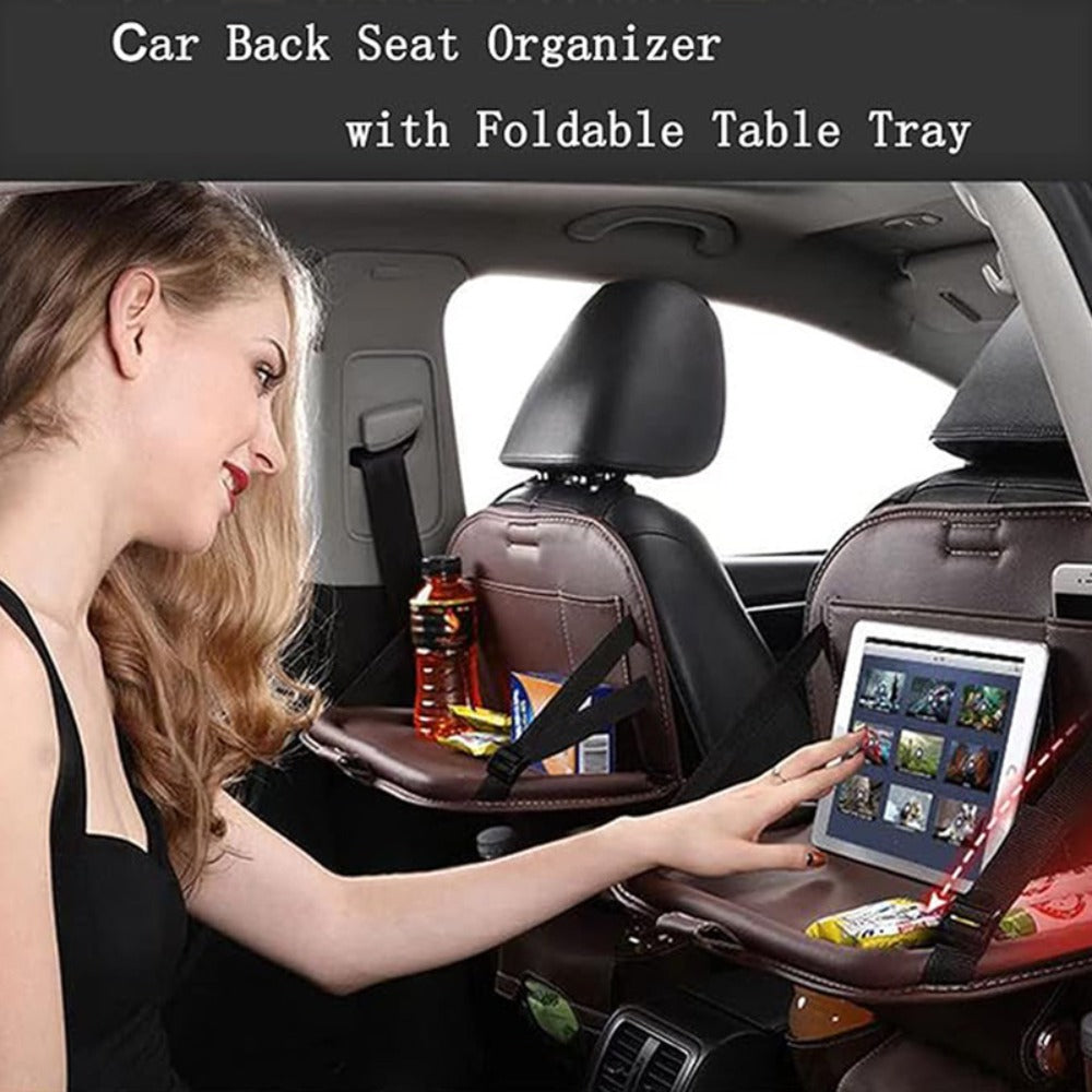 Car Rear Seat Organizer with Foldable Table, Footrest, Cup Holder, Tissue Box & Laptop Base – 2-Piece Premium Back Seat Storage Box Travel Companion