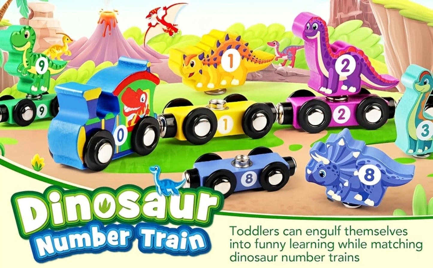 Magnetic Dinosaur Number Train Set for Kids Ages 3-5 – 11PCS Wooden Magnetic Train Toy with Engine & Numbered Cars, STEM Educational Learning Toy, Birthday Christmas Gift for Toddler Boys