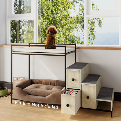 Cat Window Perch with Stairs & 3 Storage Drawers – Large Multi-Level Pet Bunk Bed Platform for Cats and Dogs, Foam Upholstered