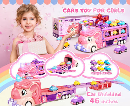 Pink Unicorn Monster Truck Track Set with 8 Princess Cars, Lights & Sounds – Friction Power 2-Player Fold-Out Track Toy for Girls Boys Ages 3+, Birthday Holiday Gift